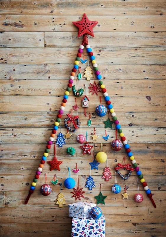 Noel ağacı duvar kaplama panelleri ahşap kırmızı yıldız ponponlar Noel topları süsler