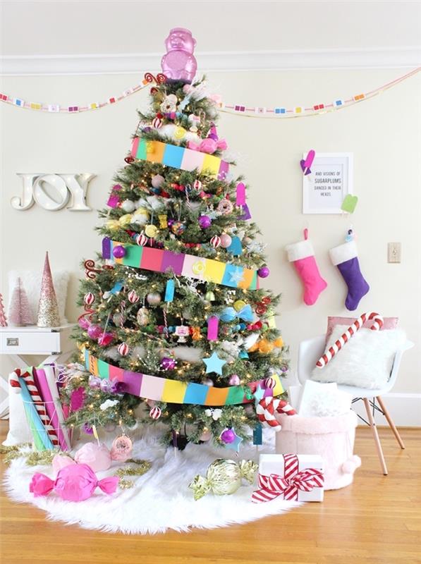 Noel için bir çocuğun odasının büyük bir ağaçla nasıl dekore edileceğine örnek, şekerleme temasında Noel ağacı dekorasyonu