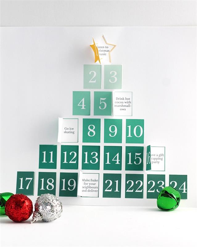 Spausdinamas Kalėdų eglutės Advento kalendorius su mažais langais, kuriuos galima atidaryti su šeimos veikla Kalėdoms