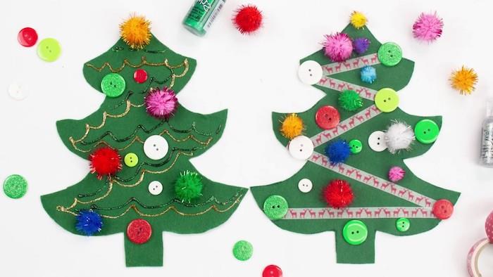 Kalėdinė dekoracija, pagaminta iš popieriaus, popierinė Kalėdų eglutė su 3D dažų girliandomis, spalvingomis pompomis ir sagomis, linksma vaikų darželio Kalėdų puošmena