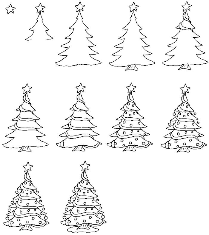 Noel ağacı güzelce dekore edilmiş disney Noel boyama sayfaları, nasıl çizileceğini öğrenmek için çizimleri takip et