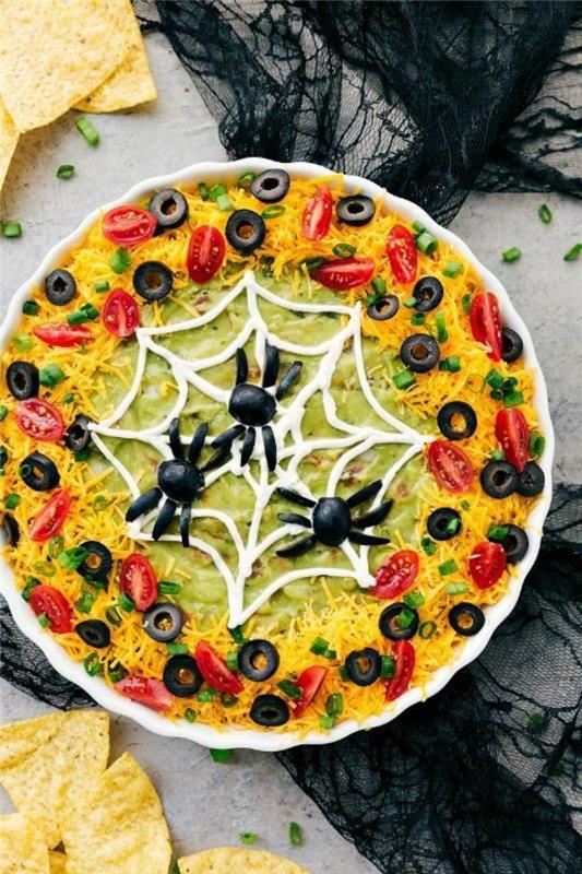 spiderweb Mehiški recept za nachos dip, guacamole, sir, češnjev paradižnik in oljke