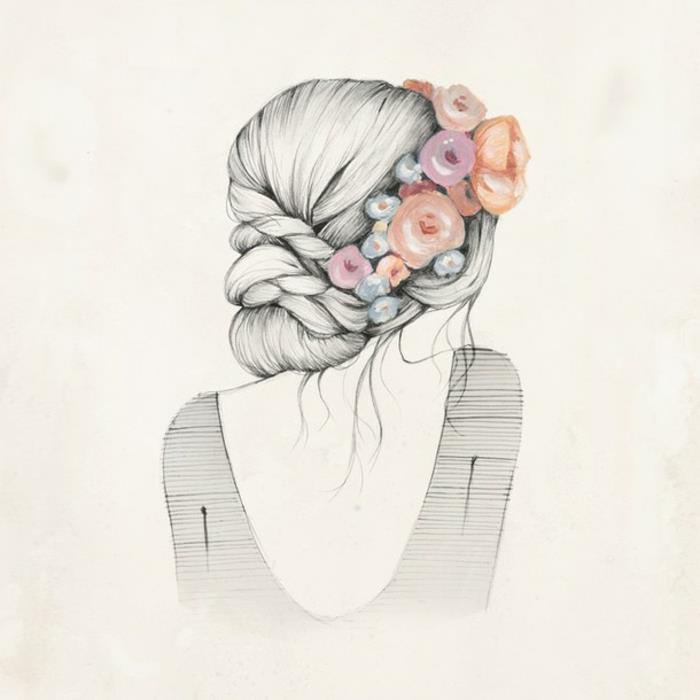 Acconciatura con treccia, bir matita di una ragazza, fiori nei capelli disegno