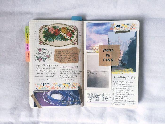 renkli bölücüler, fotoğraflı scrapbooking mermi günlüğü fikirleri, yapıştırılmış görüntüler ve tırnak işaretleri içeren el işi kağıdı, küçük basit tasarımlar ve renkli washi bant şeritleri
