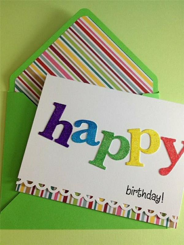Biblietto di compleanno, cartolina fatta a mano, lettere colorate parıltı