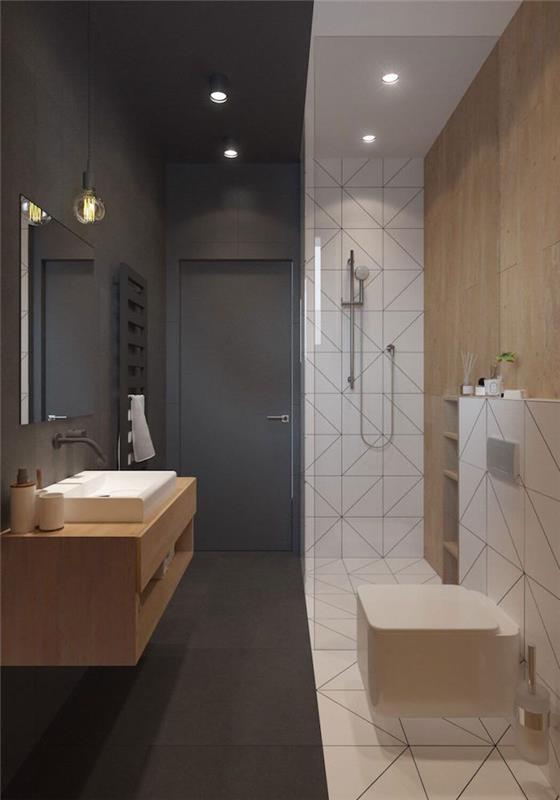 Skandinavska dvobarvna kopalnica v antracitno sivi barvi in ​​italijanski tuš z belimi stenskimi ploščicami in leseno steno za švedski dizajn