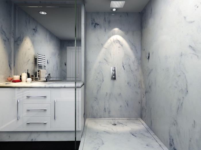 mavi beyaz mermer betonda İtalyan duşlu fayanslı banyo