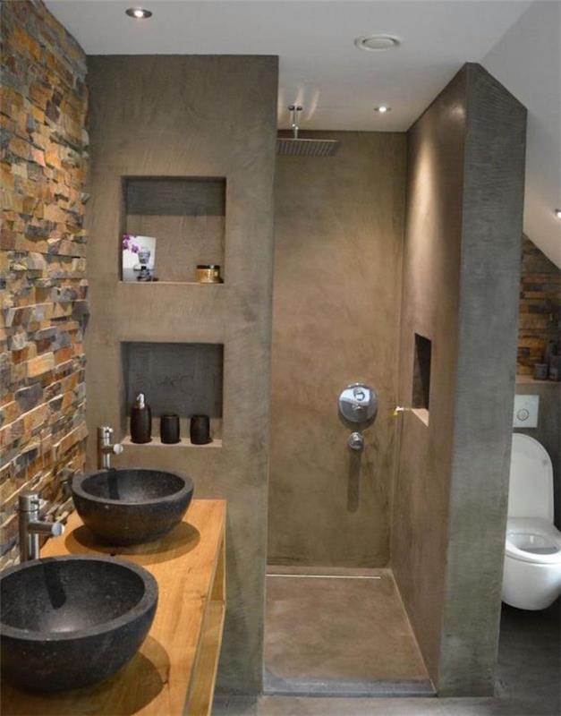 antrasit gri beton İtalyan duş duvarlı model dekorasyon banyo wc gömme raflı