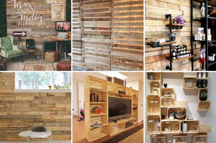 primer notranje stenske obloge iz lesa, ideja, kako okrasiti notranjo steno z recikliranim lesom, preprosta ideja za recikliranje palet