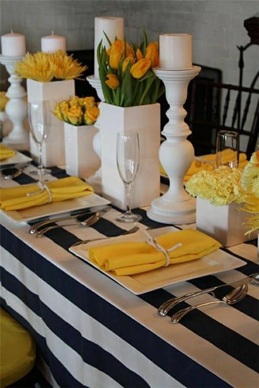 staliukas-elegantiškas staltiesė-balta-juoda-su juostelėmis-geltonas-audinys-servetėlė