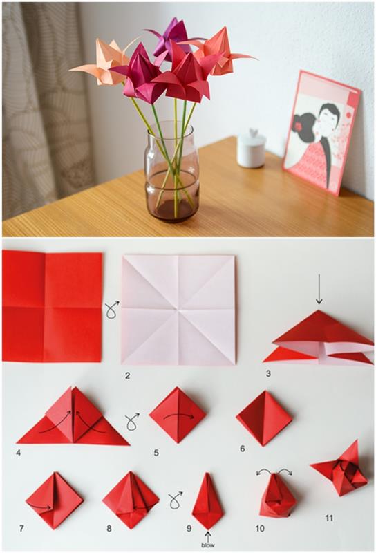lengvo pavasario pasidaryk pats idėja kūrybiškai origami papuošimui, gražiai origami tulpių puokštei, kaip pasidaryti origami popierinę gėlę