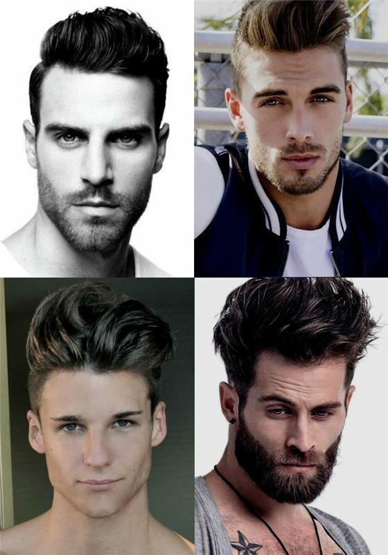 farklı erkekler tarafından giyilen, bazıları sakallı ve bazıları traşlı, kısa saç stili dört kısa kenarlı uzun üst saç kesimi örneği