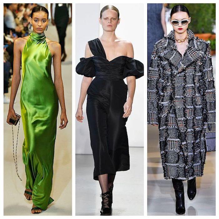 vzporedne fotografije treh različnih oblek, trendov oblačil 2019, dolge svileno zelene obleke, črne obleke in dolgega plašča