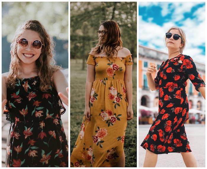 modni trendi, fotografije vzporedno s tremi ženskami, vse v oblekah s cvetličnimi motivi, v sončnih očalih