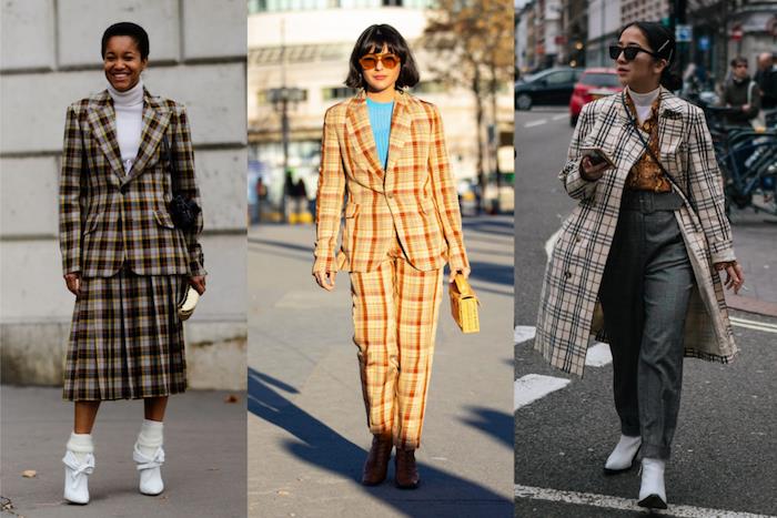 vzporedne fotografije treh različnih oblek, modnih trendov 2019, treh žensk v vseh karirastih oblekah, ki hodijo po ulici