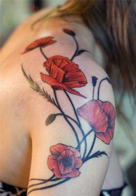Dövme çiçek omuz kadın renkleri haşhaş kol