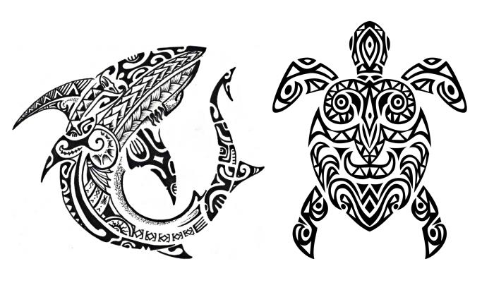 model tetovaže, belo -črni dizajn z želvo in morskim psom s plemenskimi vzorci