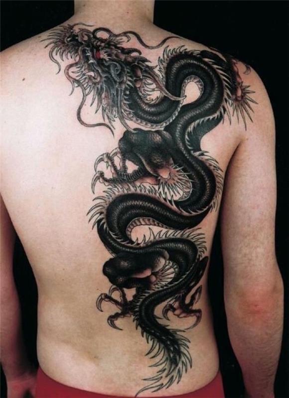 vyrų juodos drakono tatuiruotė ant nugaros