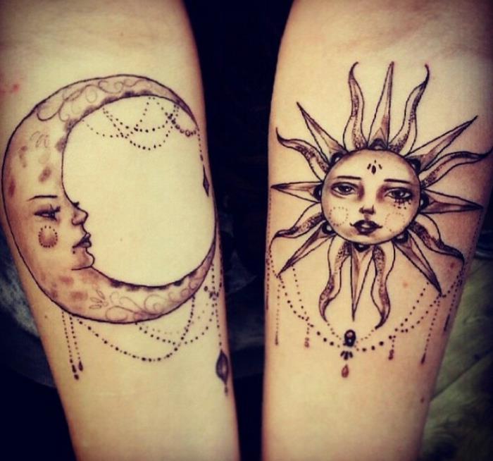 reiškia tatuiruočių mėnulį, gražų mėnulį ir simpatišką saulę, papuoštą ornamentais