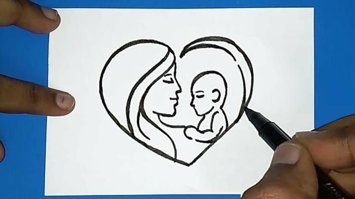 Širdis su motinos ir kūdikio piešiniu motinos dienos atviruke, dovanai mamos dienos proga