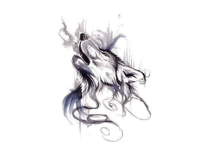 sivi in ​​vijolični plameni zavijanje volka tetovaže primer, izvirna živalska glava