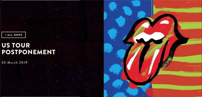 „Rolling Stones“ svetainės ekrano kopija, kuri paskelbė, kad turi atidėti kelionę be filtro JAV ir Kanadoje dėl Mick Jagger sveikatos problemų