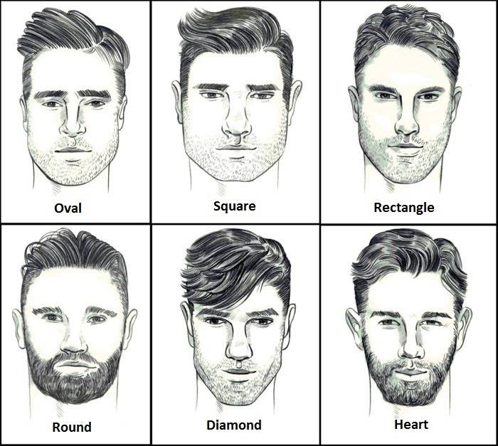 farklı şekillere ve çeşitli saç stillerine sahip altı erkek yüzünün çizimleri, erkekler için kısa saç kesimleri