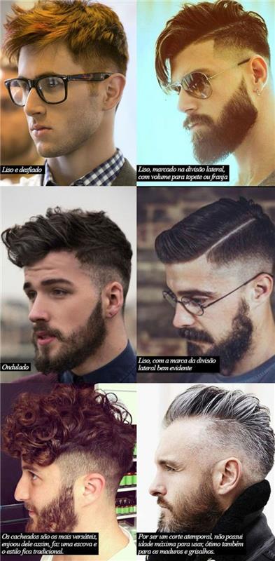 šest različnih stilov kratkih kodrastih las, moški z brado in očali, umetni jastrebi in podrezani lasje, rjavolaski in kestenjasti lasje, en moški ima kratke lase pobarvane v srebro