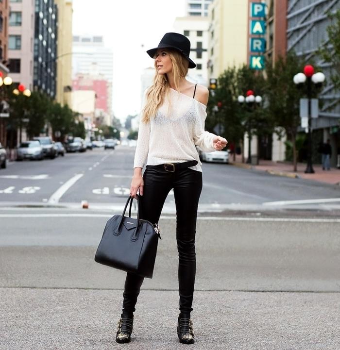 kadın deri pantolon, asimetrik kollu bluz, siyah kuşak, çıtçıtlı siyah yarım bot