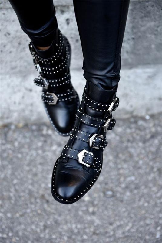 ploni odiniai-juodi-kulkšnies batai-moteriški dygliuoti batai