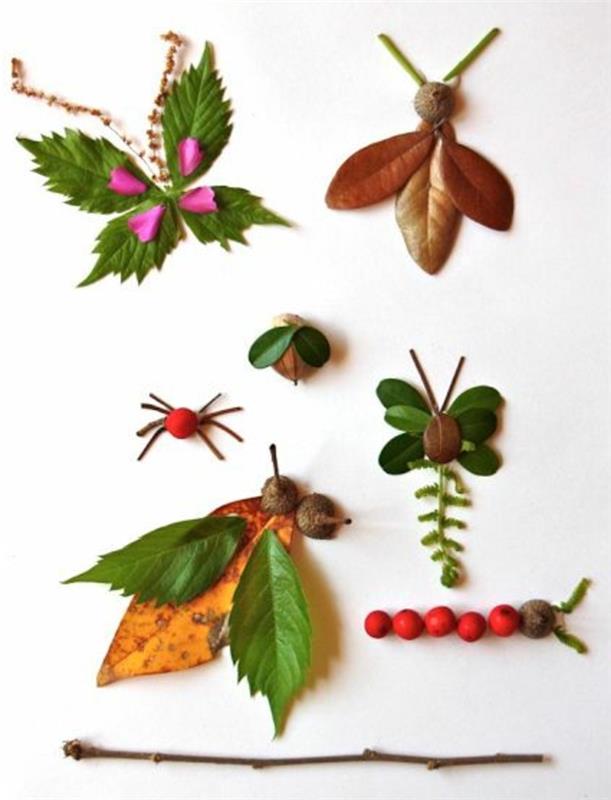 įvairūs vabzdžiai, pagaminti iš lapų, vaisių ir gėlių, ikimokyklinio amžiaus žaidimai klasėje