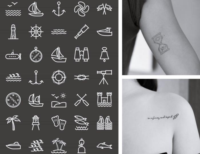 različni simboli, diskretna tetovaža, tetovaža peščene ure, do neskončnosti in naprej, tetovaža na rami, foto kolaž