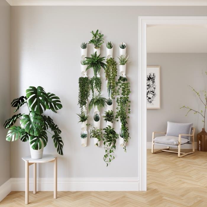 yeşil bitkilerle duvar dekorasyonu nasıl yapılır, gri renkte minimalist oturma odası ve yeşil bitkilerle ahşap nasıl yapılır