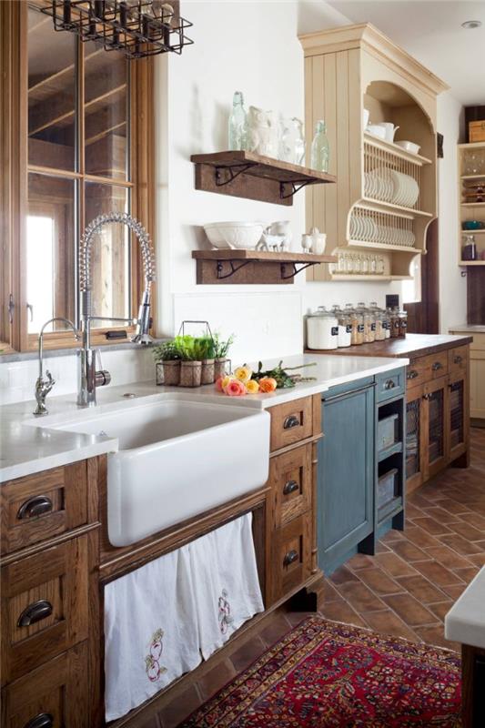 rjava keramična tla rustikalni les kuhinja lesene police iz bele stenske omare bele ploščice