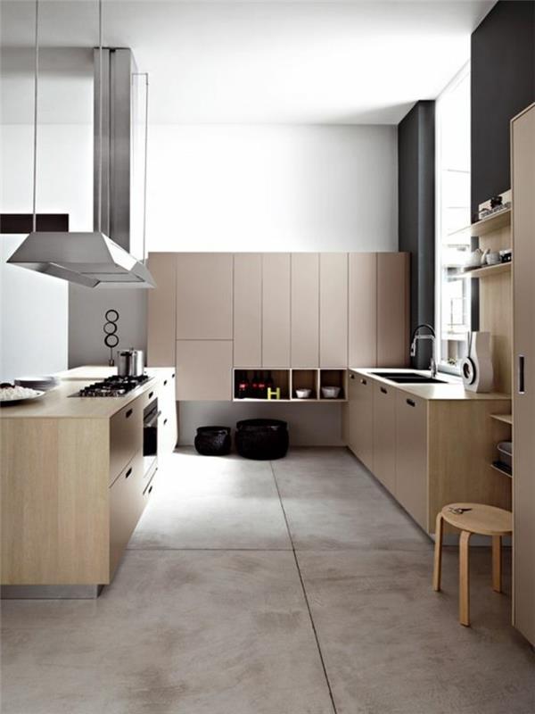 smėlio spalvos plytelių grindys-modernus-medinis-virtuvės-stalviršis-vaškuotas betonas-dekoratyvinis-betonas-taupe spalvos