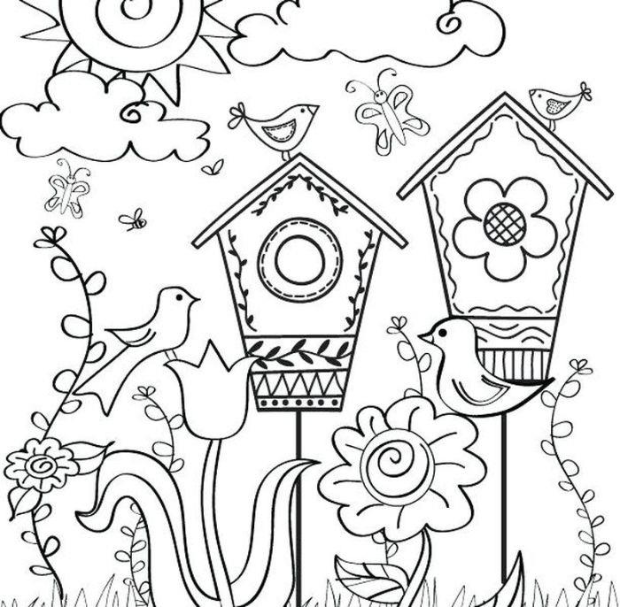 risba kletk za ptice, sonce, rože in drugi naravni elementi, preproste ideje za risanje spomladanske risbe