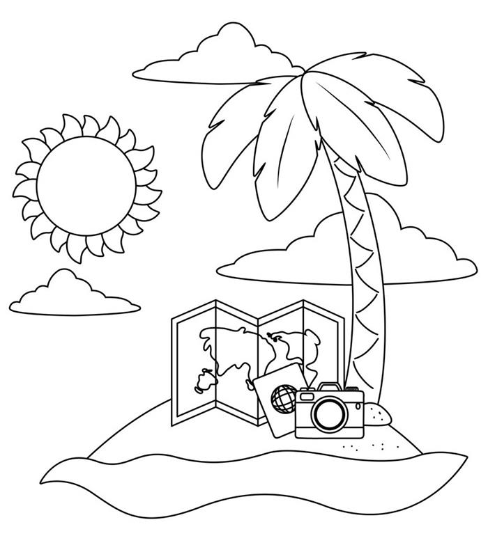 güneş bulut palmiye ağacı manzara ada tatil yaz haritası dünya seyahat kamerası çocuk için kolay boyama çizimi