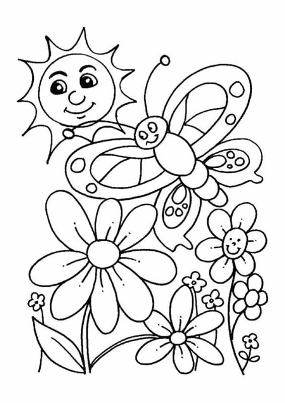 metulj, rože in sonce, ideje za risanje otrok, tematsko pomladno barvanje za preprostega otroka