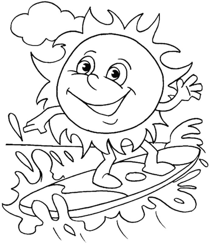 güneş gülümseme gözler çocuklar için boyama kolay bulut güneş sörfü dalgalar deniz kumsalda dinlenme yaz tatili yazdırılabilir çizim