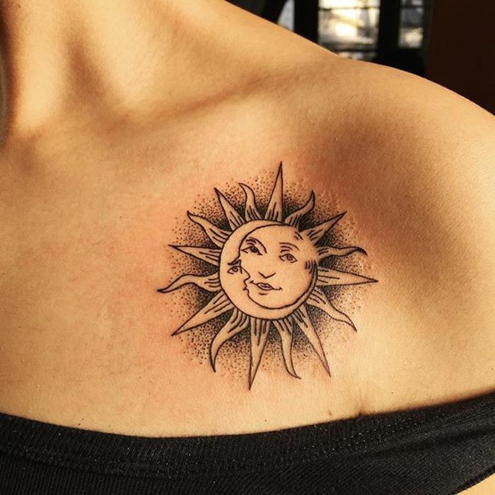 güneş dövmesi, iki göksel aşık, köprücük kemiği kadının altında dövme, havalı tasarım