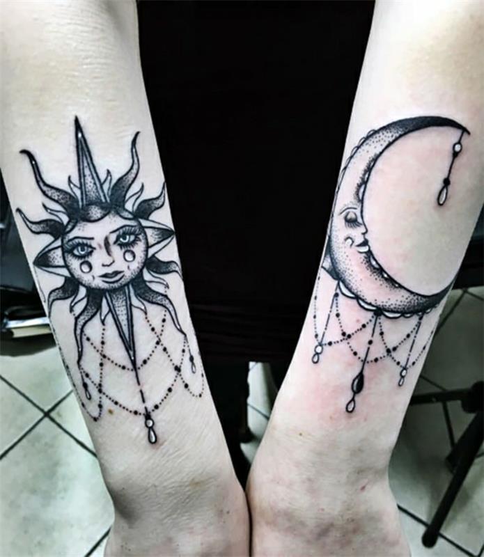 saulės tatuiruotė, tatuiruotė poroms ir draugams su juodu rašalu