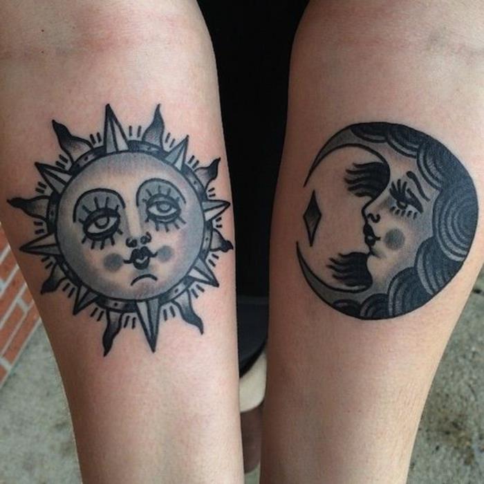 saulės tatuiruotė, fantastiška dviejų dangaus kūnų tatuiruotė su juodu rašalu