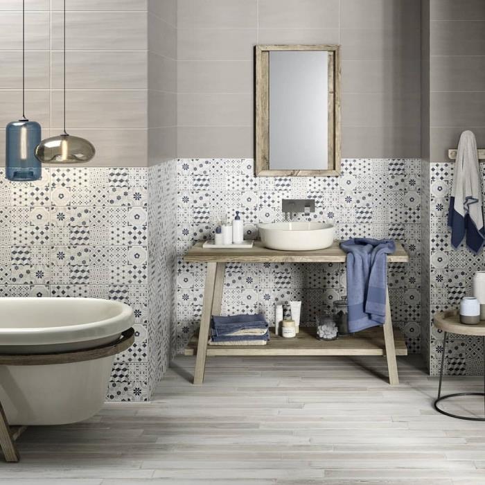 açık gri seramik ve patchwork desenli çimento karo banyo duvar karoları