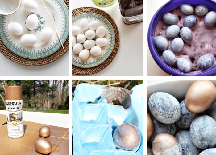 paskalya 2018 için öğretici, sprey kullanarak mermer ve bronz tasarımlı beyaz yumurta boyama adımları