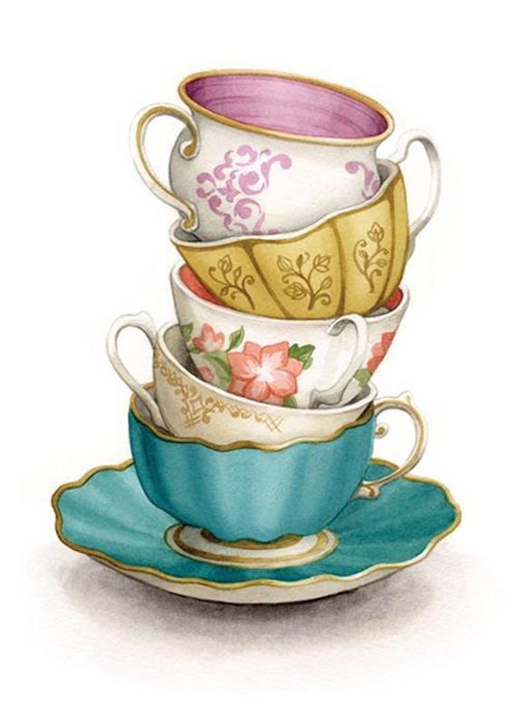 starinske skodelice za čaj, v različnih barvah, risba sledilnika, belo ozadje