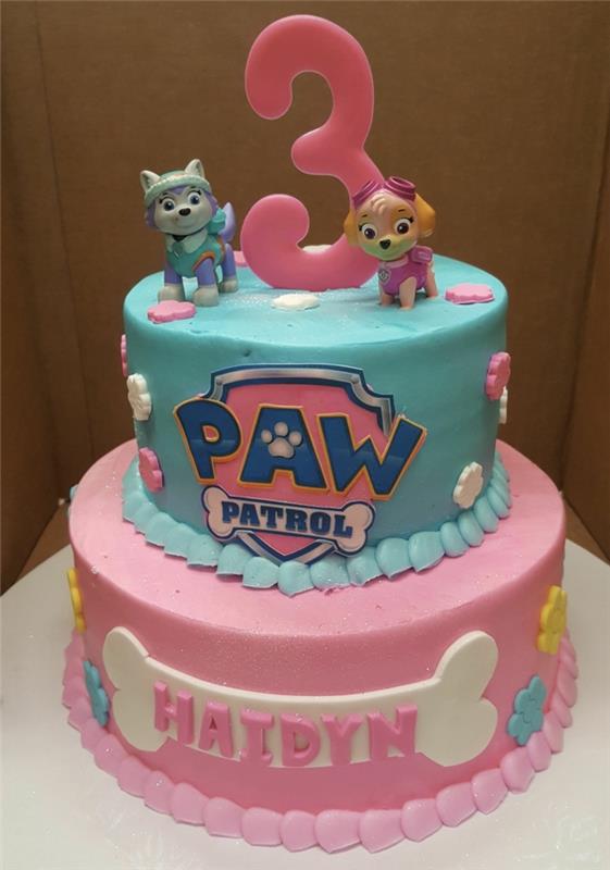 paw patrol torta za rojstni dan deklice, dve figuri, torta v modri in roza barvi