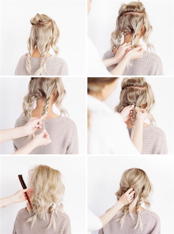 korak za korakom, diy tutorial, updos za dolge lase, slike ob boku, blond lasje, s pletenicami