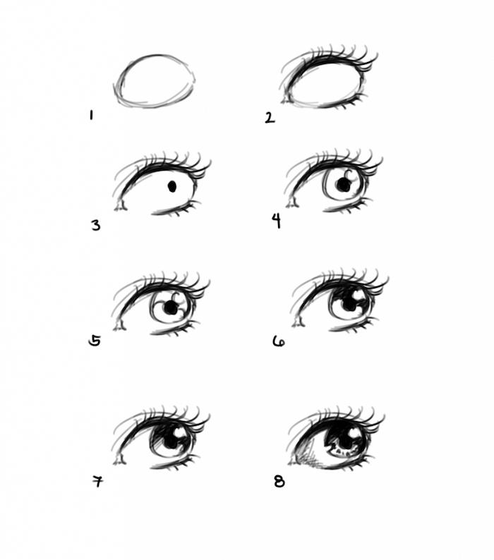 korak za korakom, diy tutorial, kako narisati oko, črno -bela skica, risanje slik