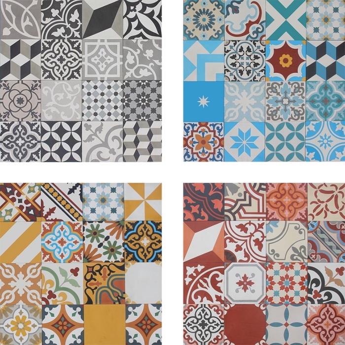 kuhinjske cementne ploščice, vzorec ploščic z rastlinskim in geometrijskim dizajnom v različnih barvah