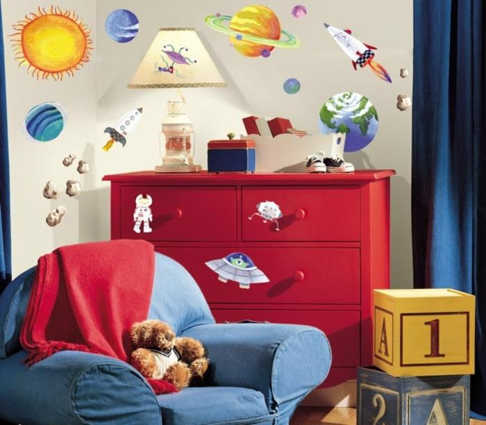 kırmızı ve ördek mavisi renklerde gezegenler ve mobilyalarla bebek odası çıkartmaları kozmos teması